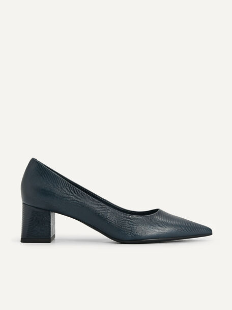 Lizard-Effect Leather Pointed Toe Pumps, Navy, hi-res