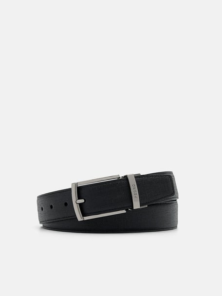 Embossed Leather Reversible Pin Belt, Black