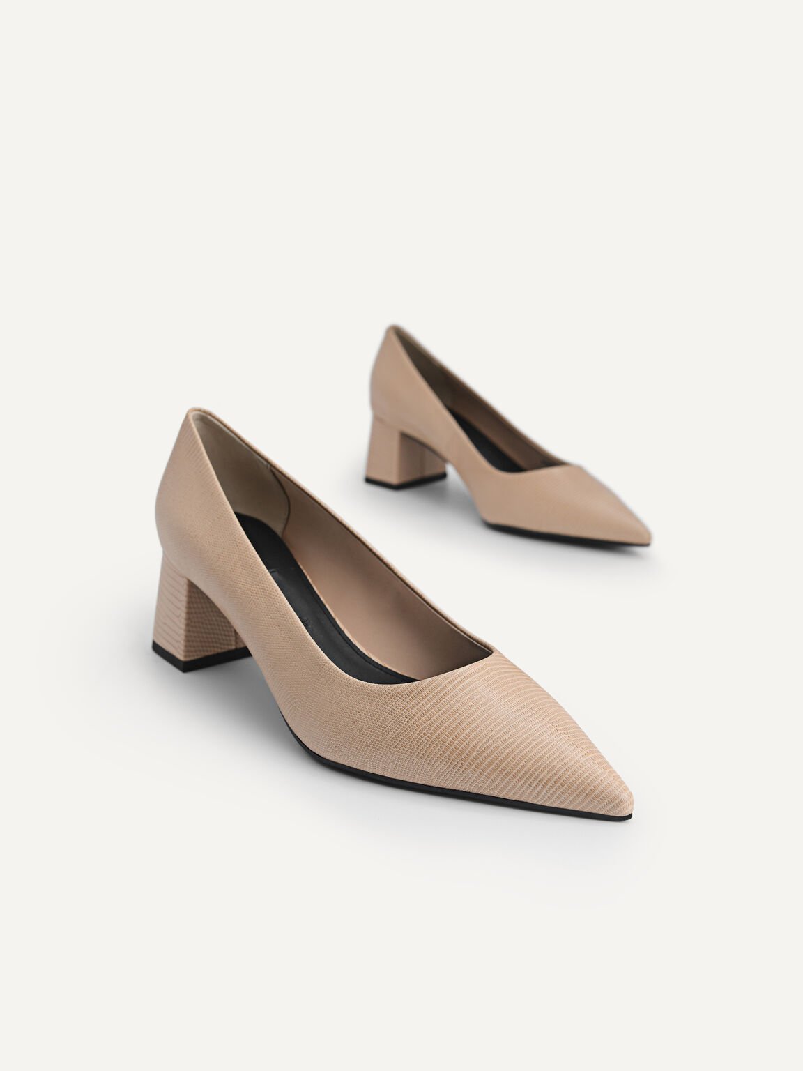 Lizard-Effect Leather Pointed Toe Pumps, Nude, hi-res