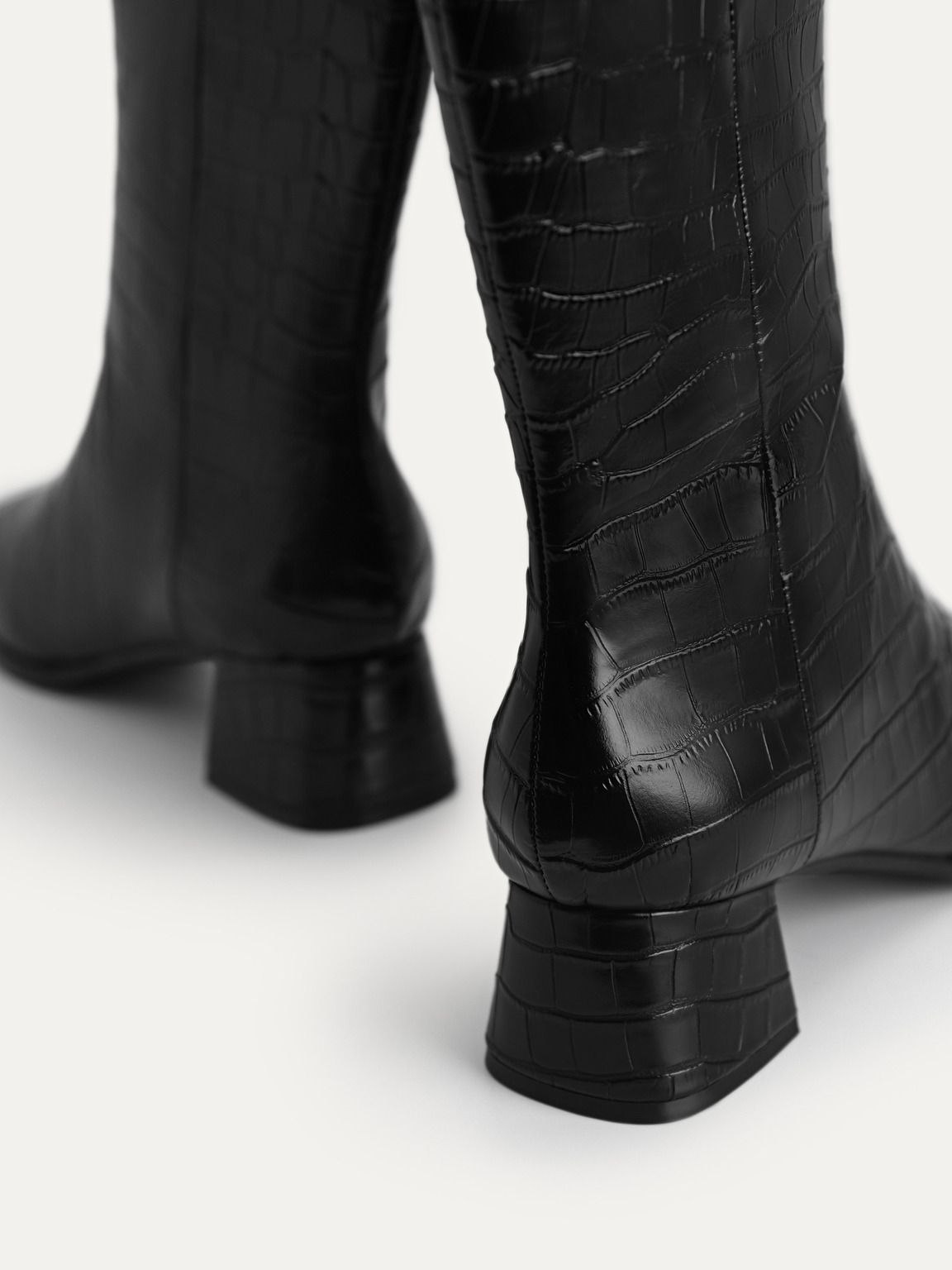 Croc-Effect Leather Knee Boots, Black2