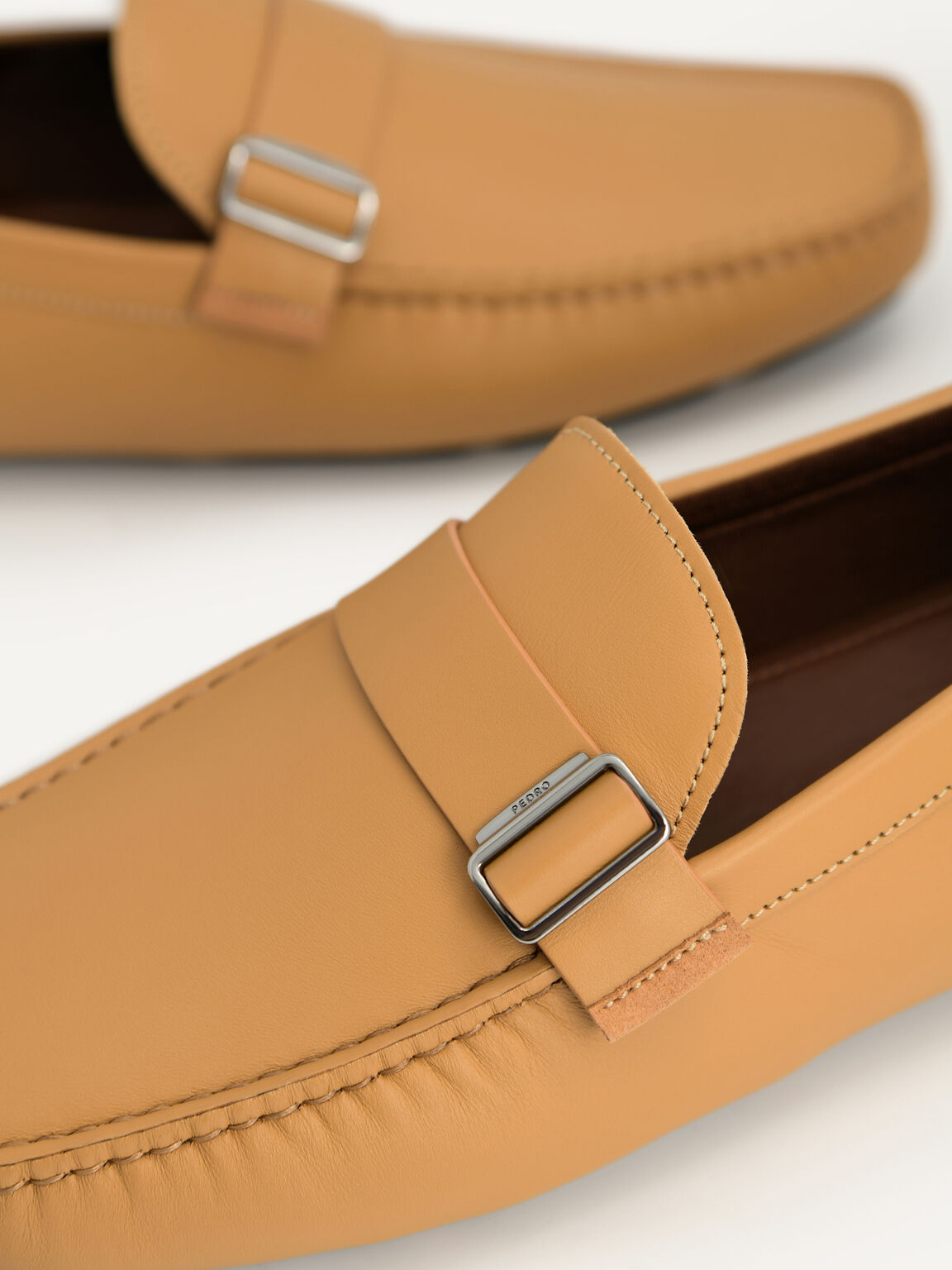 Leather Moccasins with Buckle Detail, Camel, hi-res