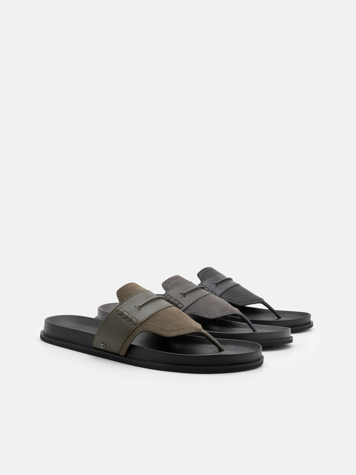 Suede Penny Thong Sandals, Dark Grey