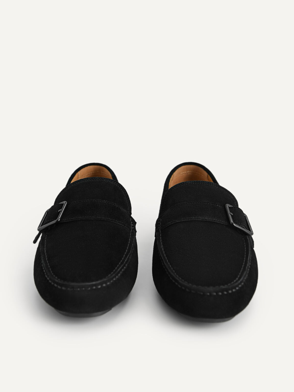 Suede Leather Moccasins with Buckle Detailing, Black