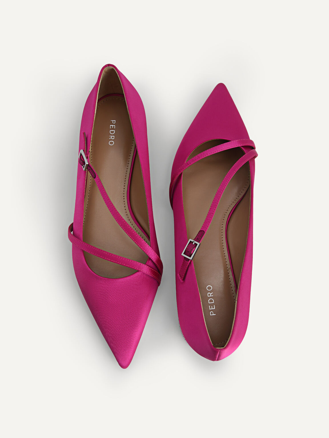 斜帶緞面尖頭平底鞋, 紫红色