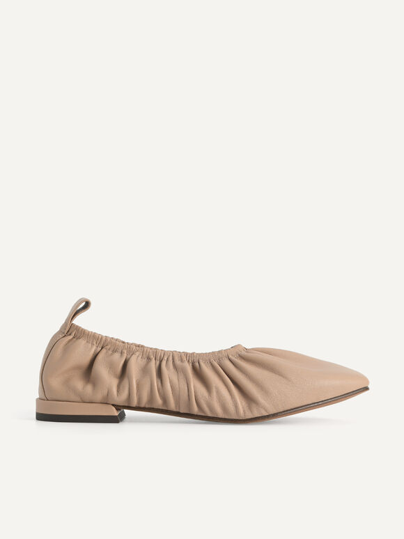 Ruched Leather Flats, Taupe