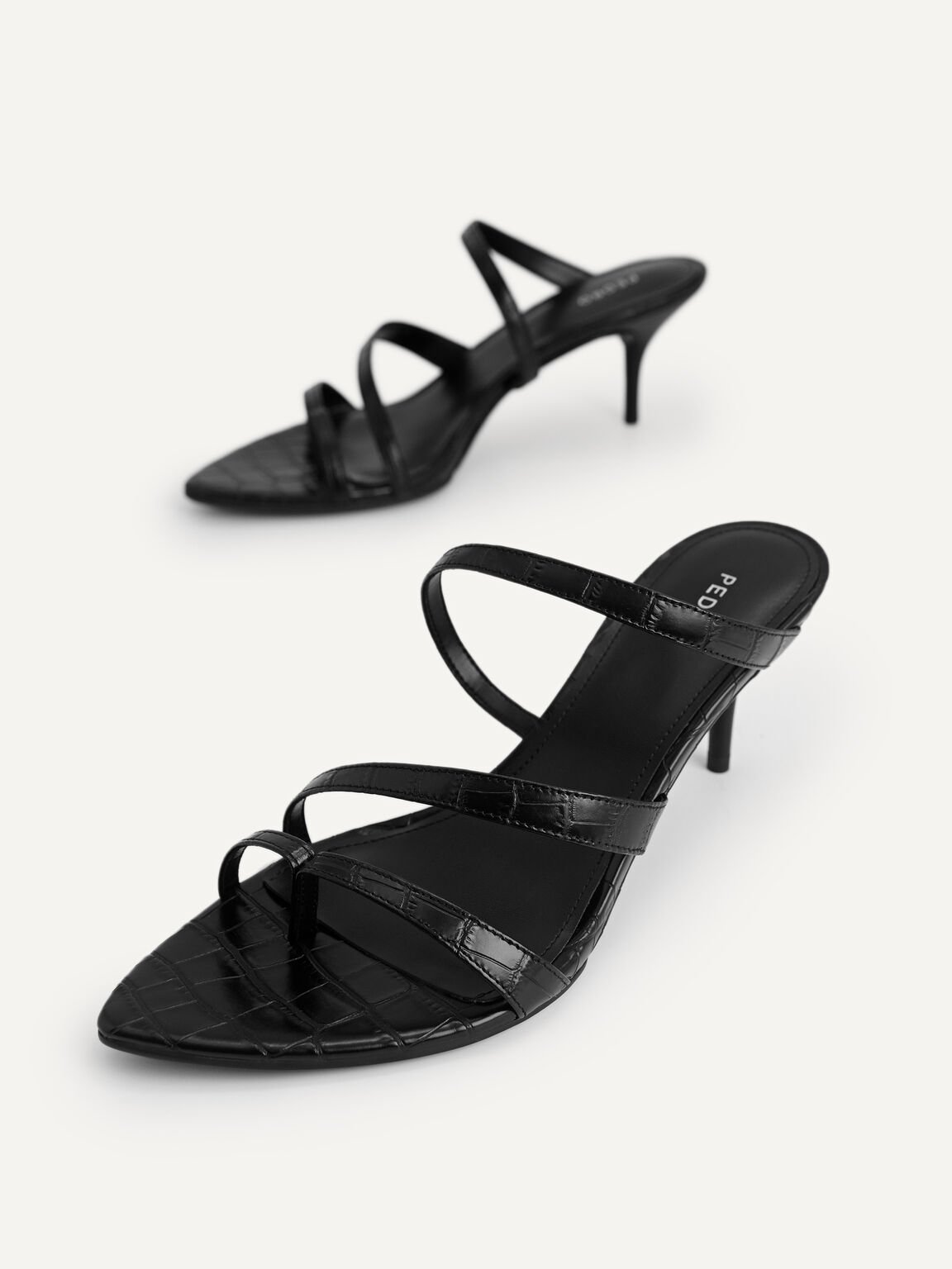 Croc-Effect Leather Heel Sandals, Black