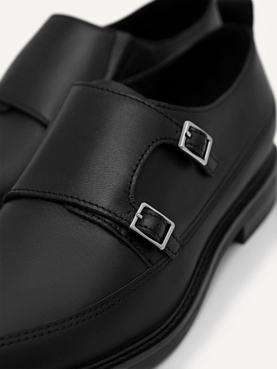 Double Buckle Leather Loafers, Black