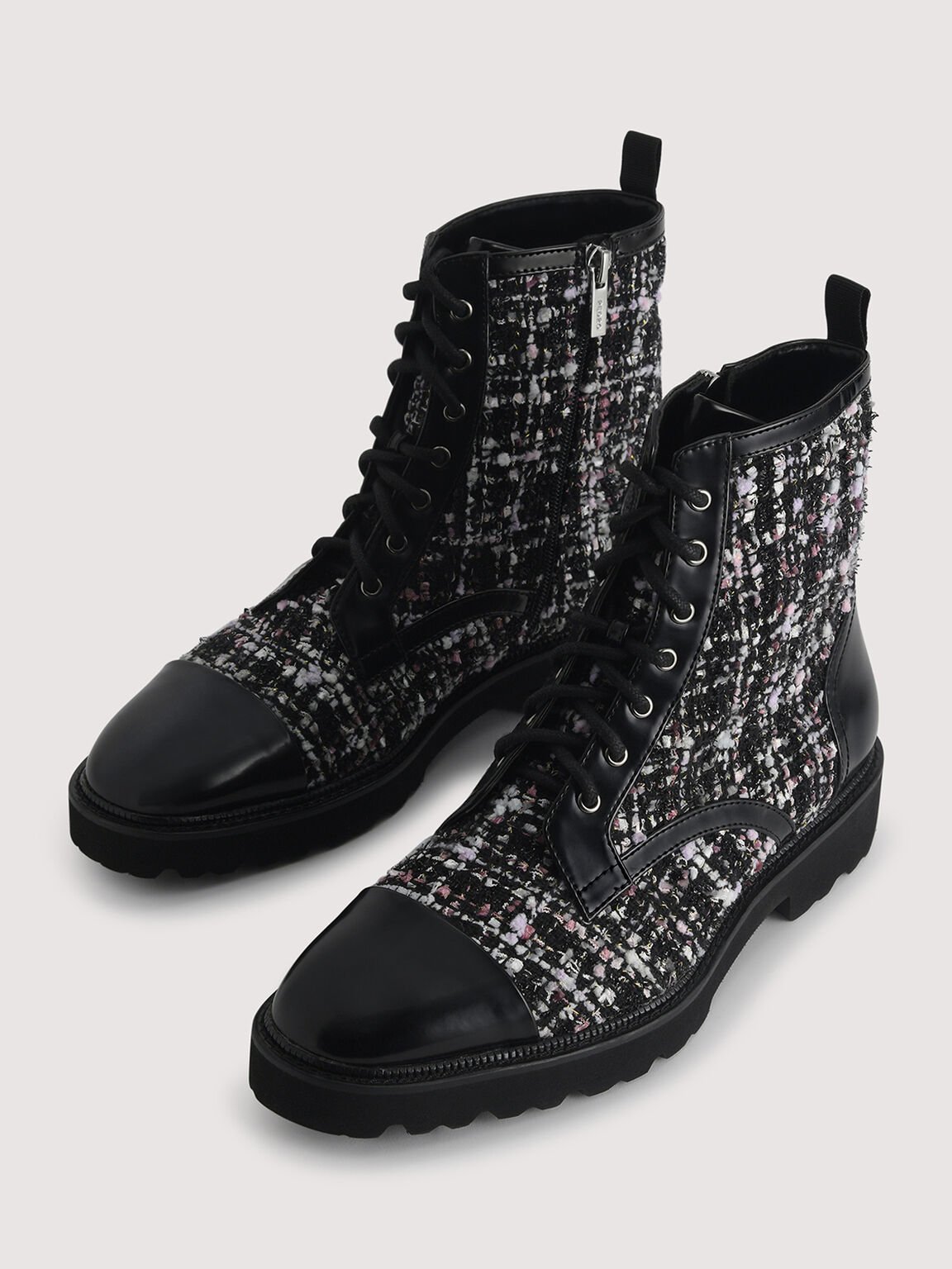 Tweed Lace Up Boots, Black