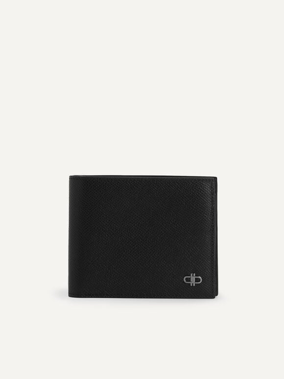 Icon雙折疊帶內袋皮革錢包, 黑色