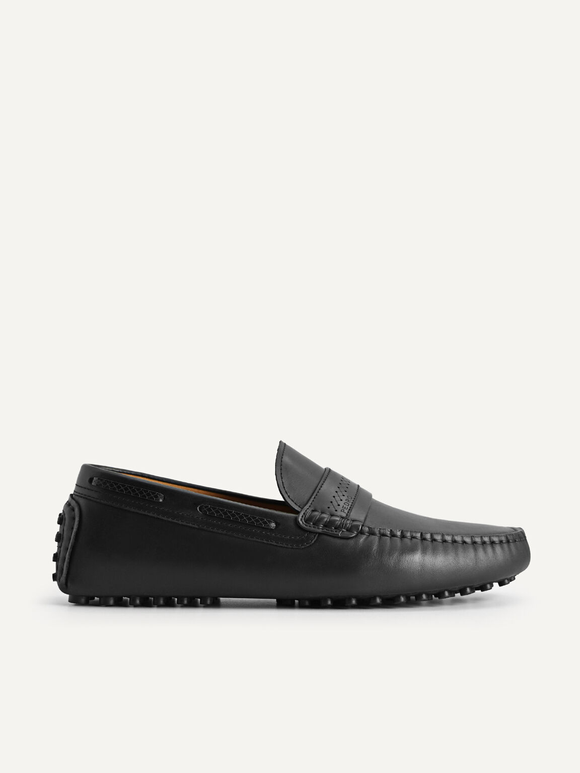 Leather Moccasins with Stitch Detailing, Black, hi-res