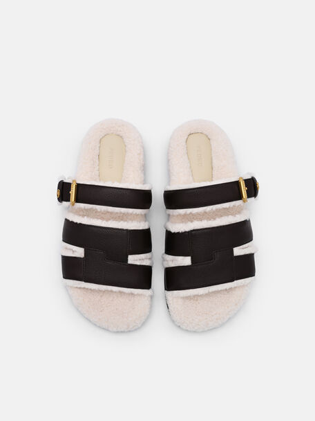 Iza Faux Shearling Leather Sandals, Dark Brown Fur