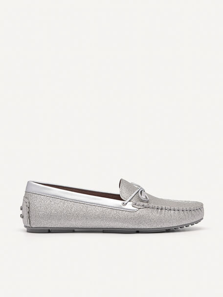 Glitter Bow Moccasins, Silver