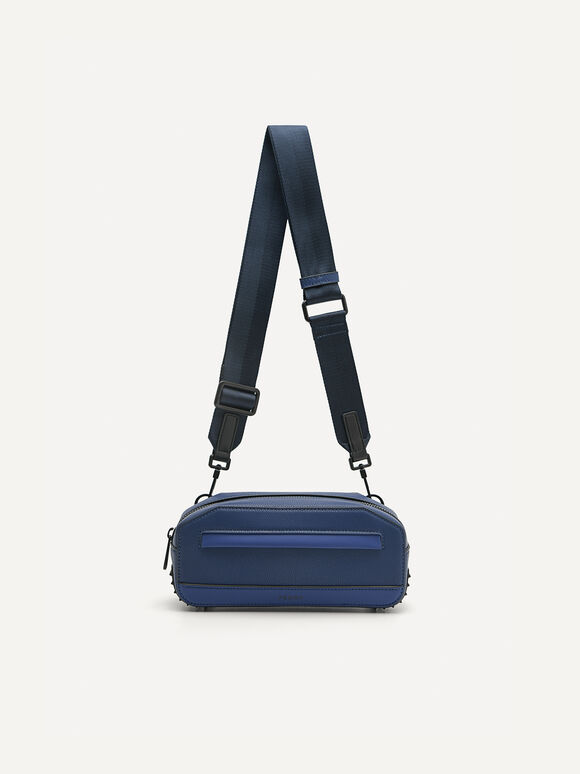 Synthetic Leather Baguette Sling Bag, Navy