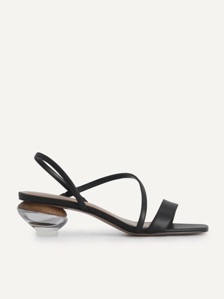 Strappy Sandals with Ornament Heels, Black, hi-res