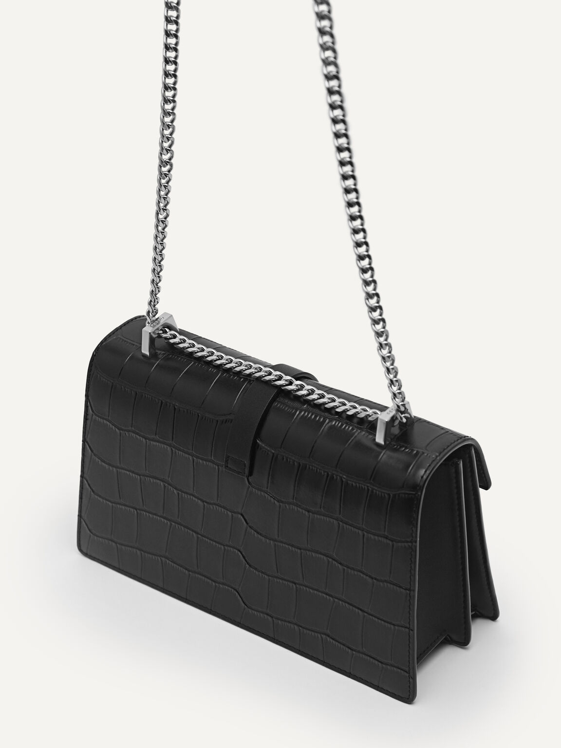 Leather Croc-Effect Shoulder Bag, Black, hi-res
