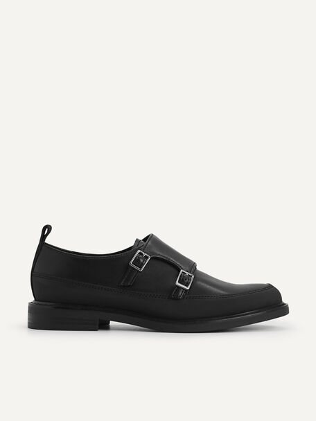 Double Buckle Leather Loafers, Black, hi-res