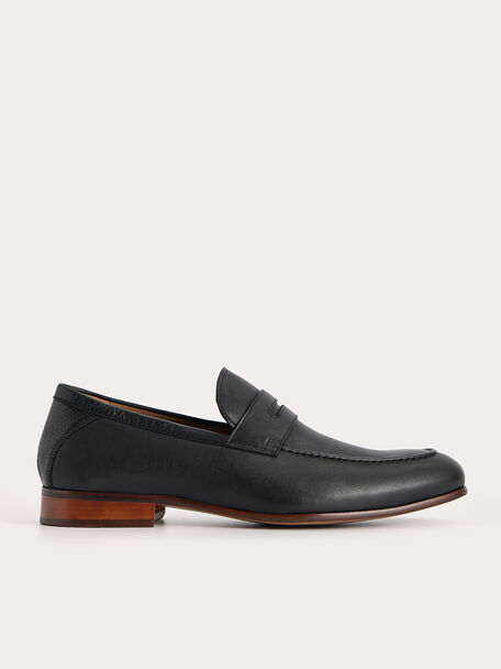 Textured Leather Penny Loafers, Black