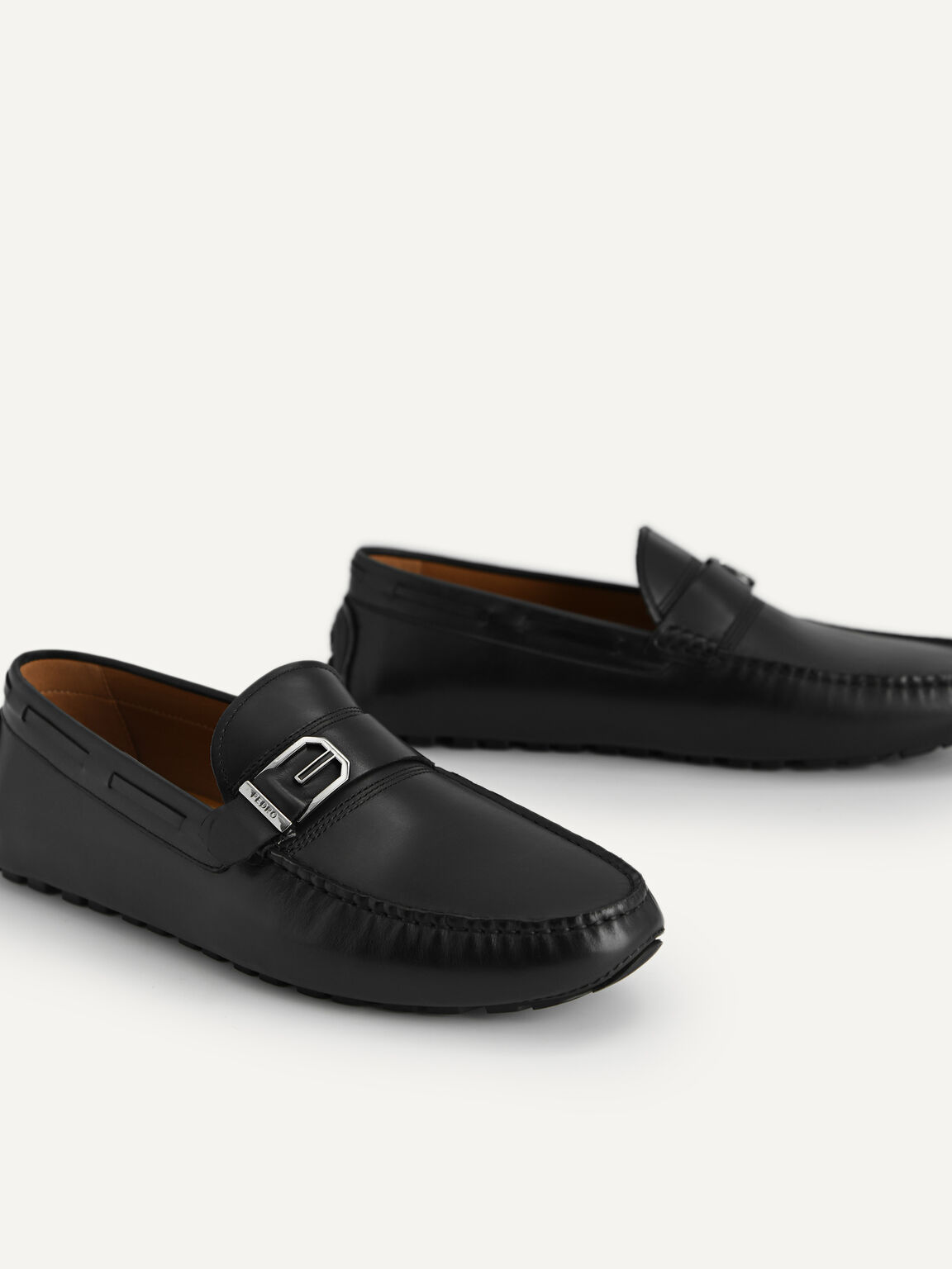 Leather Moccasins with Buckle Detailing, Black, hi-res