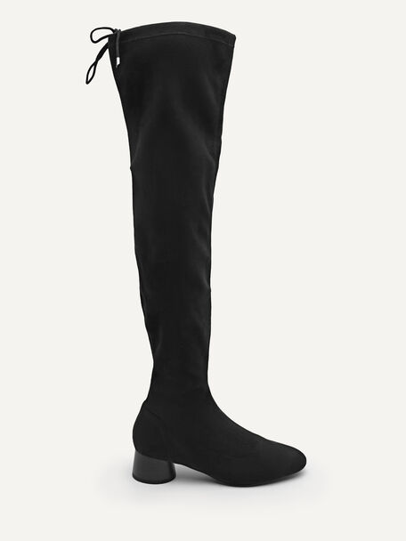 Cylindrical Block Heel Thigh High Boots, Black