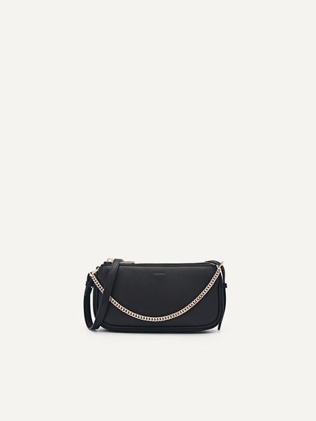 Maddy Leather Chain Detailed Shoulder Bag, Black