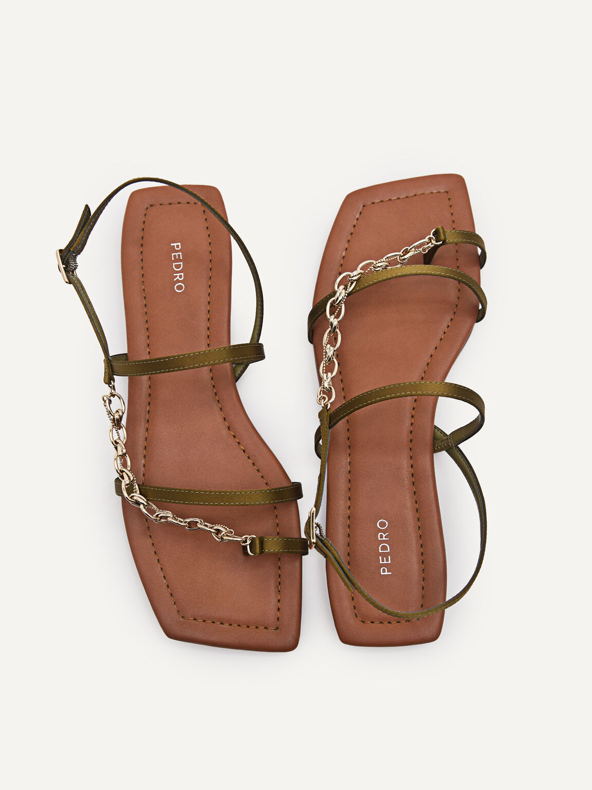 Strappy Sandals with Chain Strap, Olive