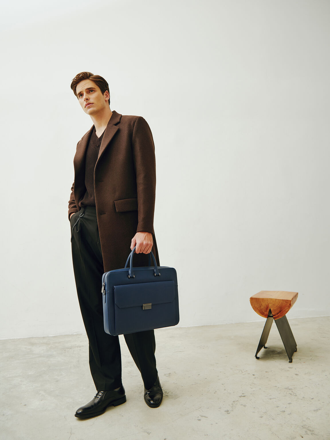 Textured Leather Briefcase, Navy, hi-res