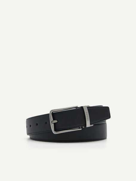Embossed Leather Reversible Pin Belt, Black