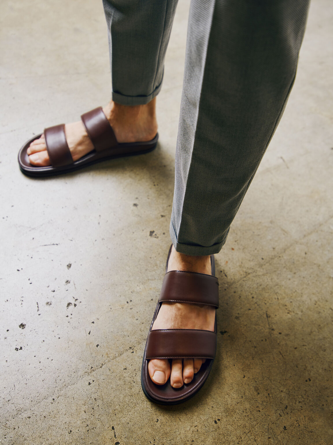 Monochrome Double Strap Sandals, Dark Brown, hi-res