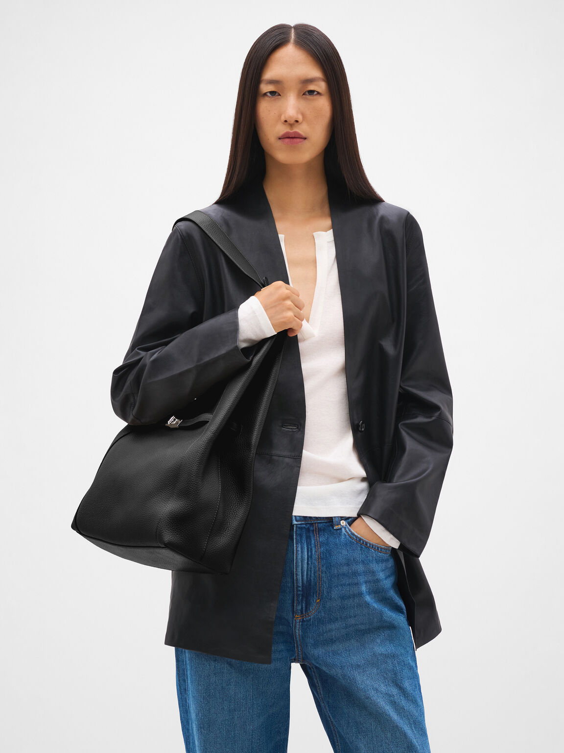 Danielle Large Leather Hobo Bag, Black Tumble