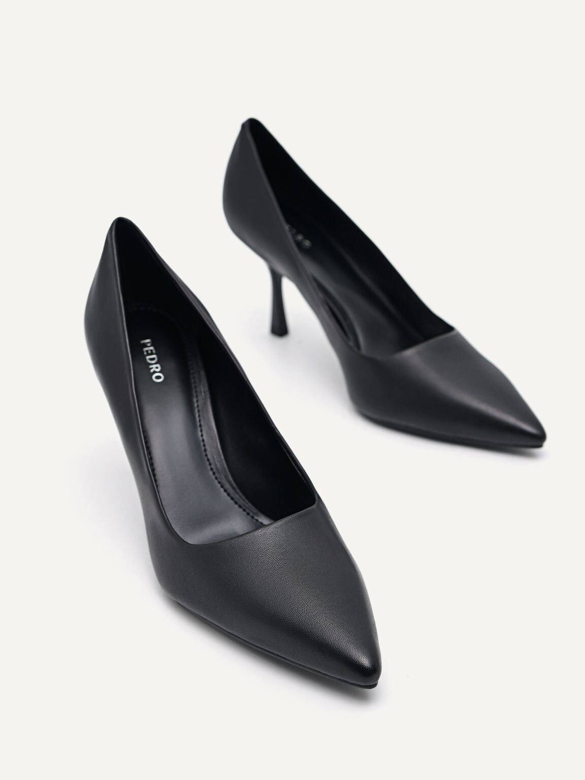 Pointed Leather Heeled Pumps, Black