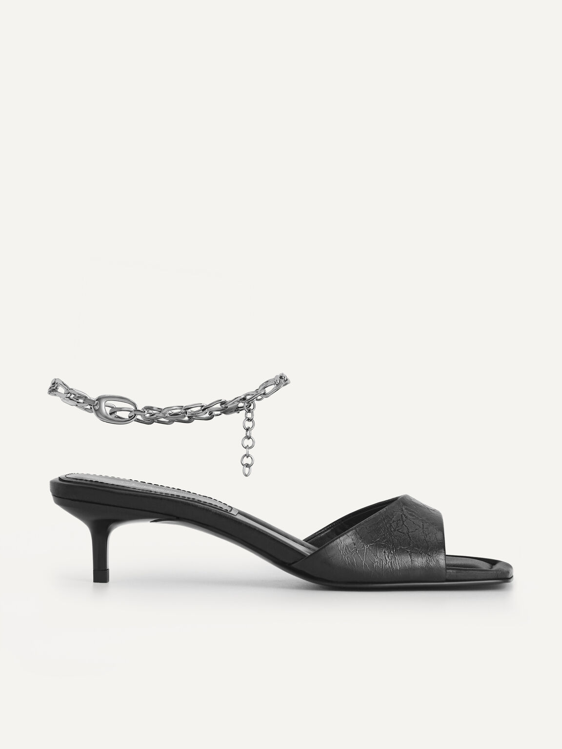 Chain-Strap Leather Heeled Sandals, Black