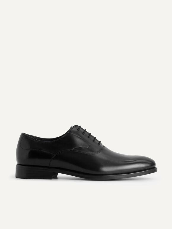 Leather Pointed Round Toe Oxfords, Black