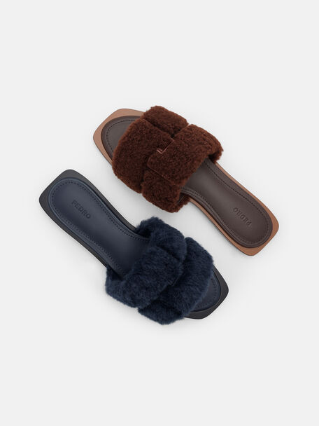 Iza Faux Shearling Sandals, Navy Fur