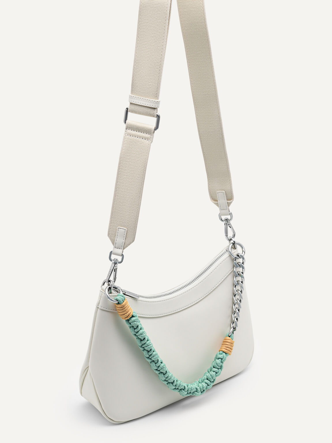 Slouchy Shoulder Bag with Braided Chain, Chalk