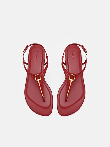 Leather T-Bar Sandals, Red, hi-res