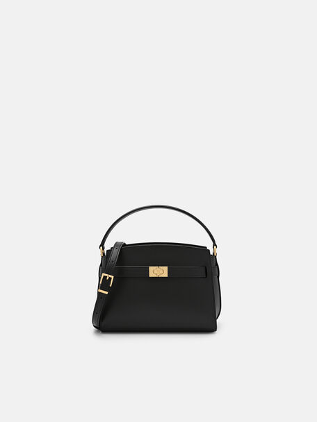 Belted Leather Handbag, Black, hi-res