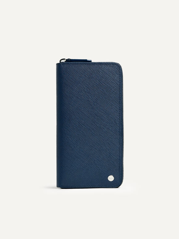Ví dáng dài Oliver Embossed Leather Zip-Around, Xanh Navy