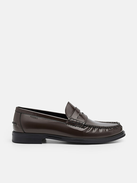 Leather Penny Loafers, Brown, hi-res