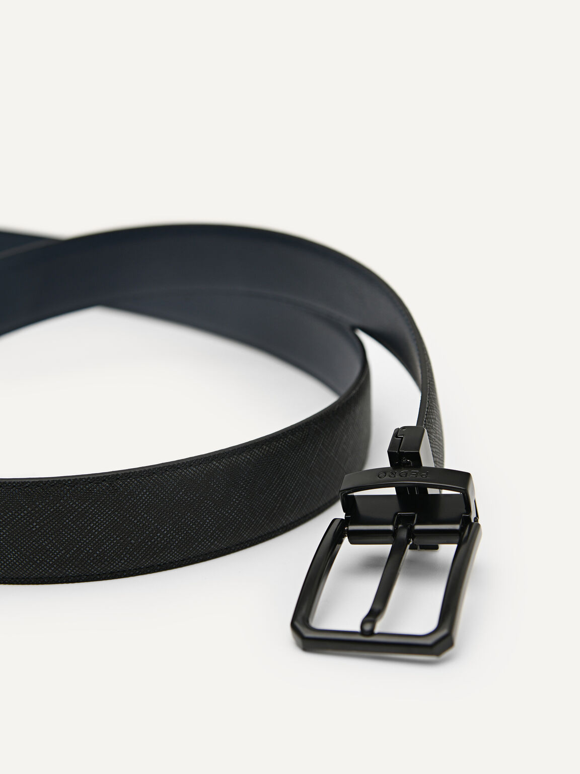 Reversible Embossed Leather Pin Belt, Black, hi-res