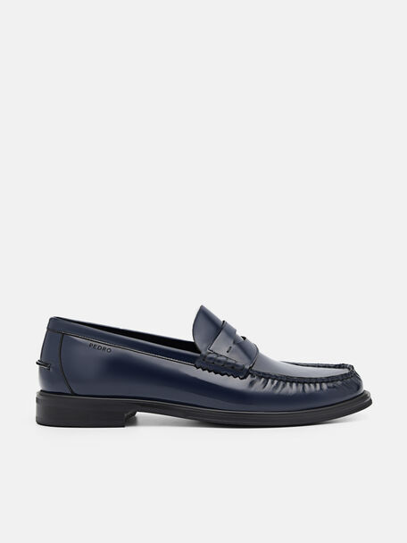 Leather Penny Loafers, Navy, hi-res