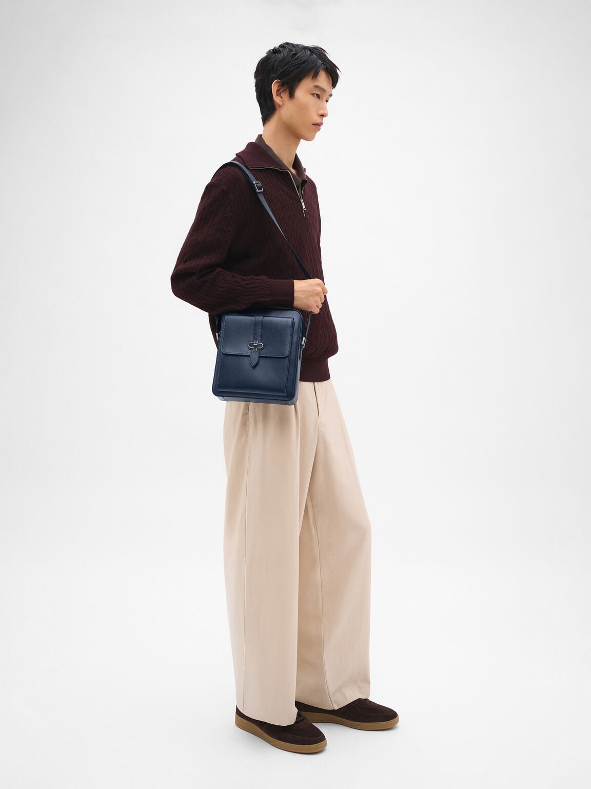 Boxy Saffiano Leather Crossbody Bag, Navy Saffiano, hi-res