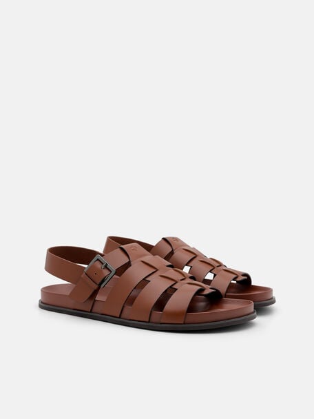 Gi&agrave;y sandals đế bệt Leather Caged, Rượu Cognac, hi-res