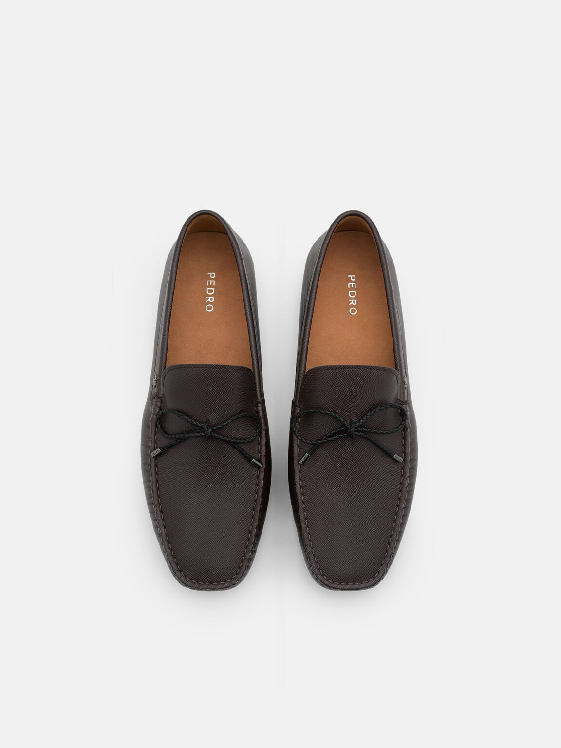Saffiano Leather Bow Driving Shoes, Dark Brown Saffiano, hi-res