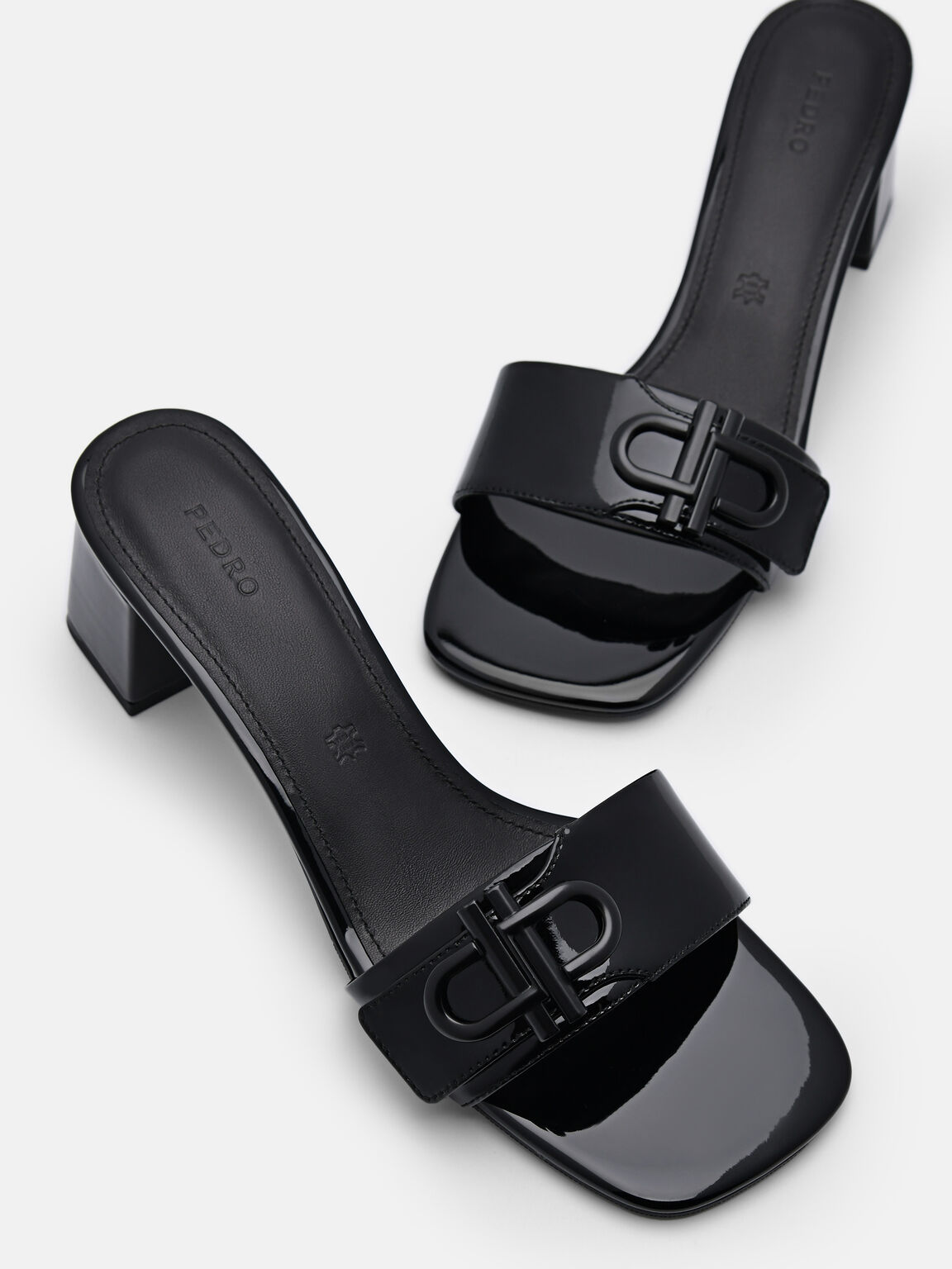 Giày sandals cao gót mũi vuông Icon Leather, Đen, hi-res