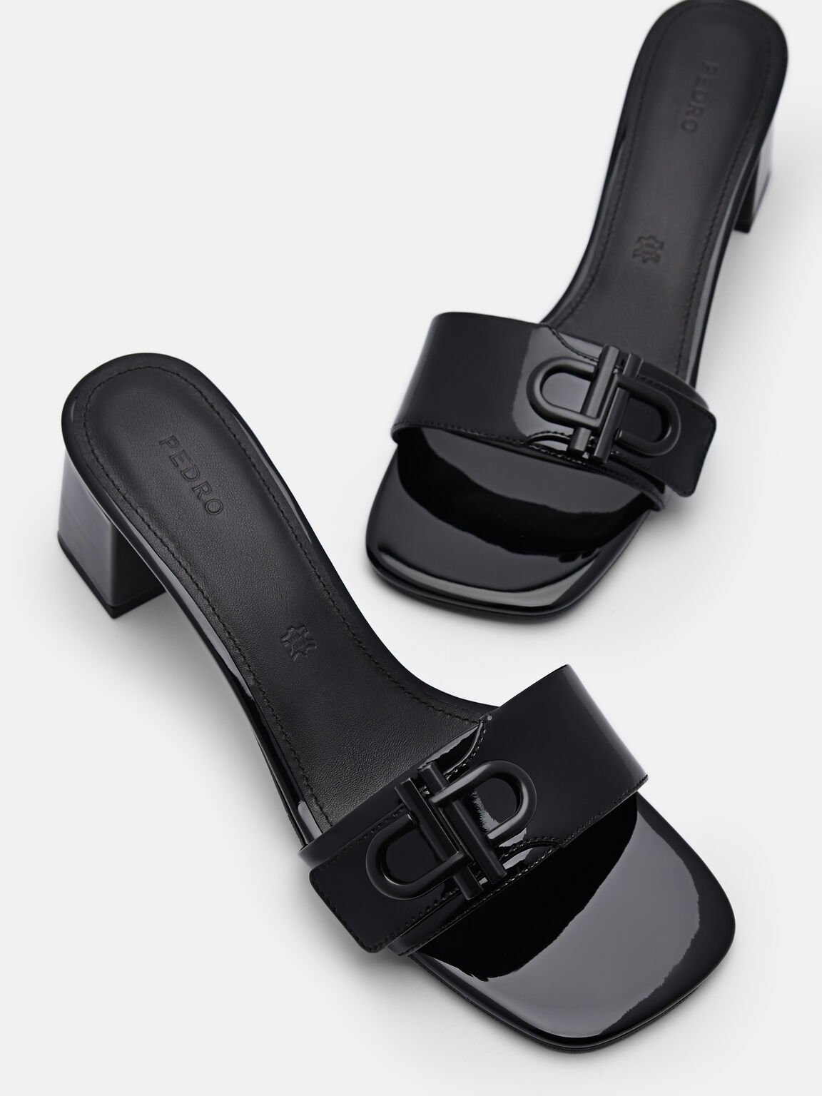 Giày sandals cao gót mũi vuông Icon Leather, Đen
