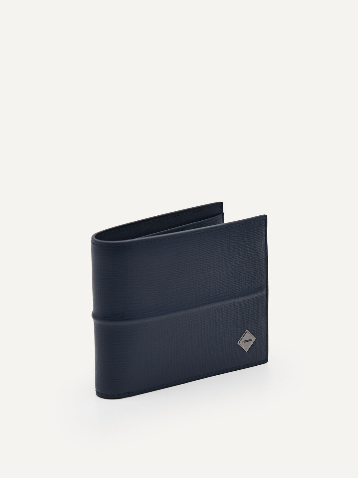 Embossed Leather Bi-Fold Wallet with Insert, Navy, hi-res