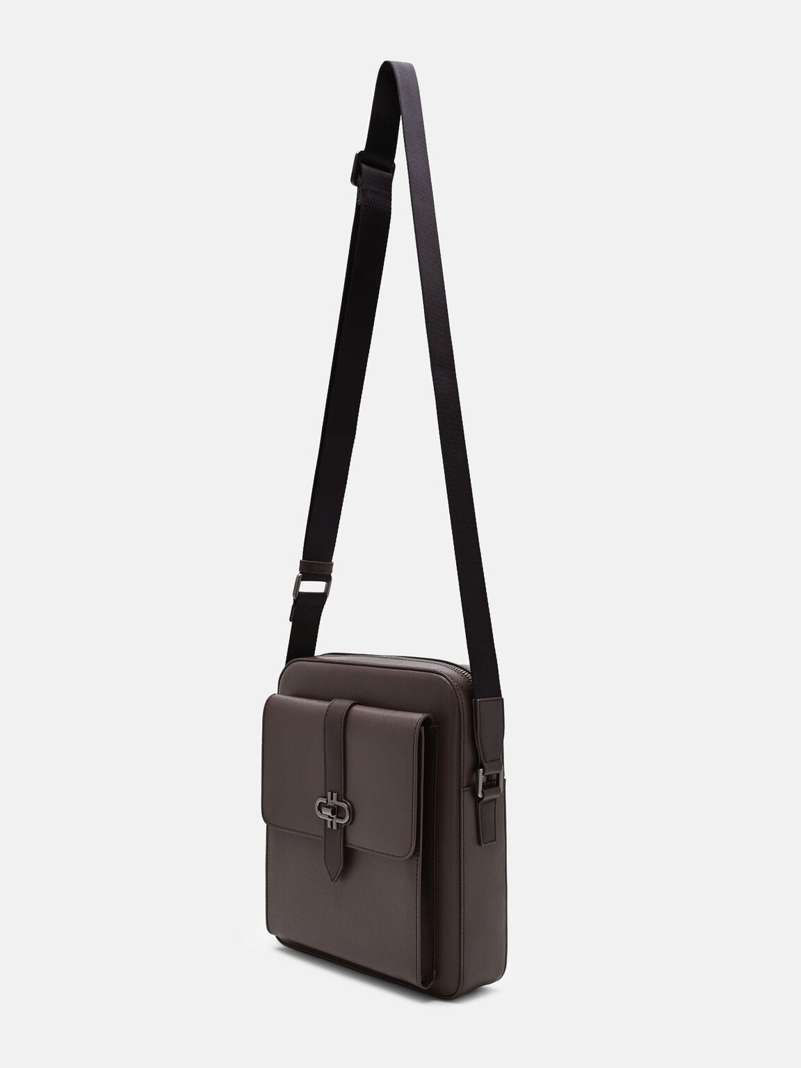 Boxy Saffiano Leather Crossbody Bag, Dark Brown Saffiano, hi-res