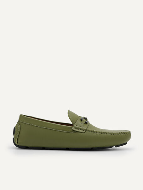 Leather Horsebit Driving Shoes, Military Green, hi-res