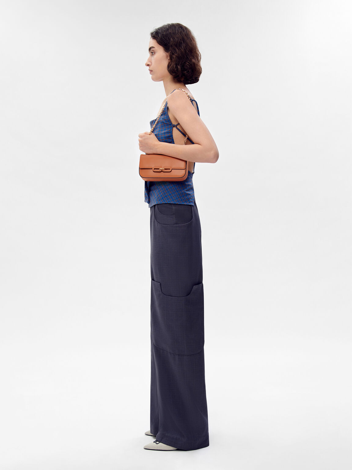 Túi đeo vai phom chữ nhật nắp gập Studio Kate Leather, Vàng Lạc Đà