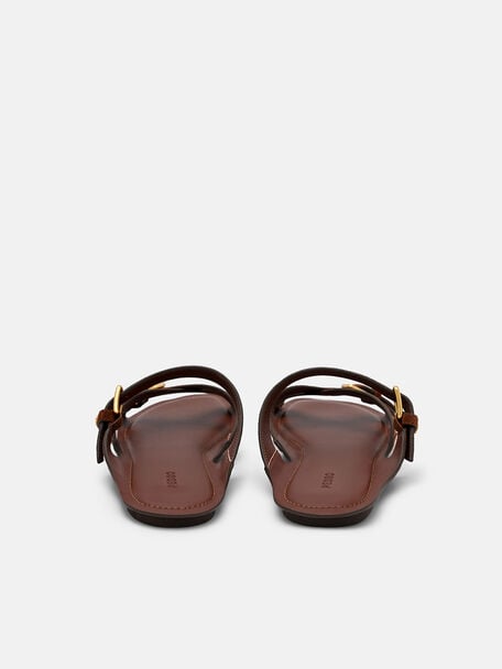 Leather Strappy Slide Sandals, Mahogany, hi-res